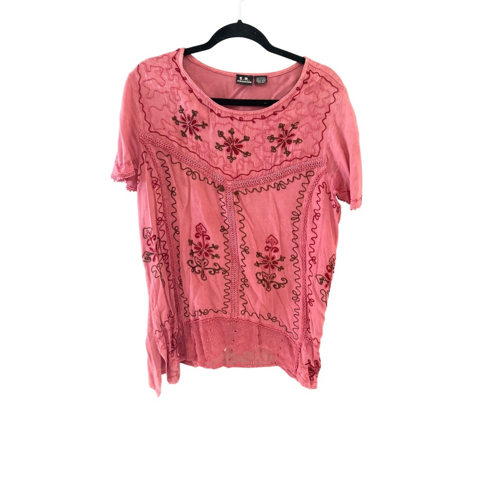 S.R. Fashion Pink Embroidered Rayon Boho Blouse Short Sleeve Back Tie Free Size